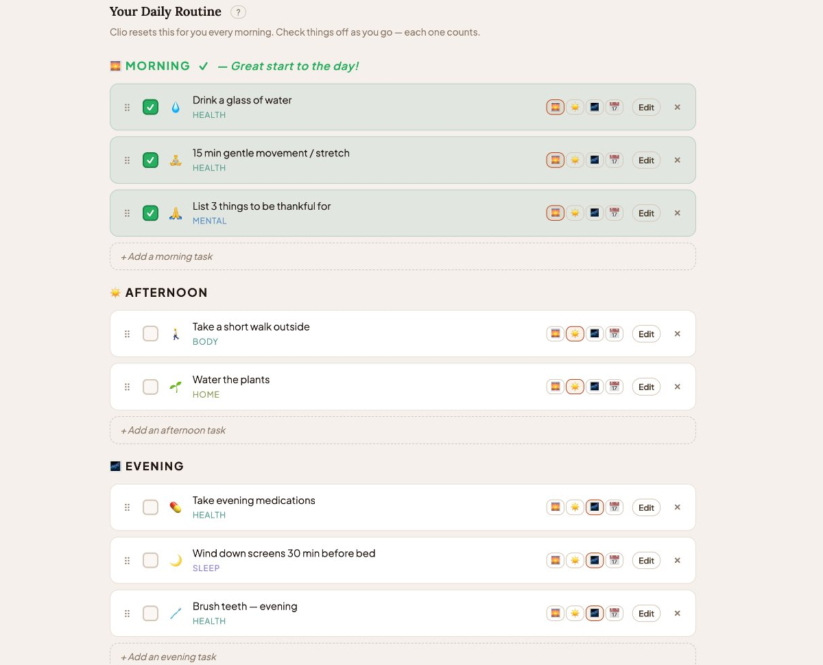 Daily routine with checkboxes