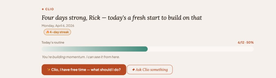Cliopanion showing a 4-day streak, progress bar, and personalized greeting